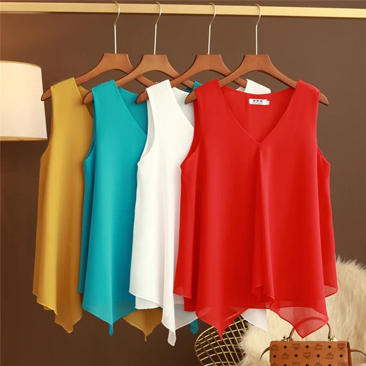 Women's Chiffon V Neck Blouse - Loose Sleeveless Plus Size Fashion Top M-5XL