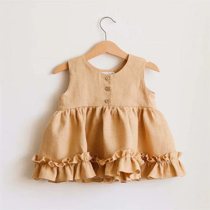 Baby Girls Cotton Linen Tutu Dress - 3 Layer Summer Ruffle Lace Strap Breathable Cake Dress Outfit