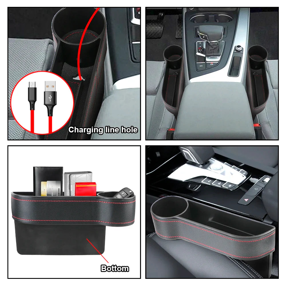 Universal PU Leather Car Seat Gap Organizer – Storage Box with Charging Hole, Phone, Bottle & Key Holder Auto Accessories