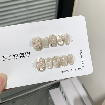 10 Pcs Handmade Short Square Press-On Nails – Full Cover Flower & Cat Eye Ballet False Nails Manicure Tips