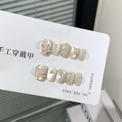 10 Pcs Handmade Short Square Press-On Nails – Full Cover Flower & Cat Eye Ballet False Nails Manicure Tips