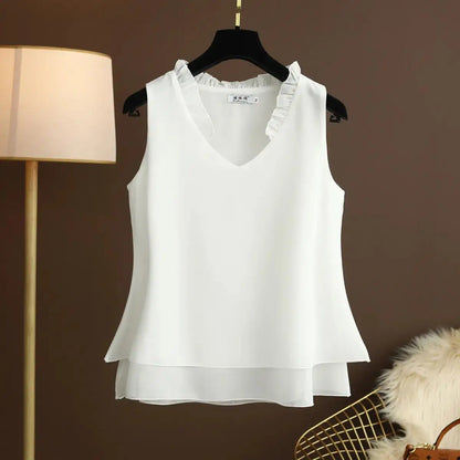 Women's Chiffon V Neck Blouse - Loose Sleeveless Plus Size Fashion Top M-5XL