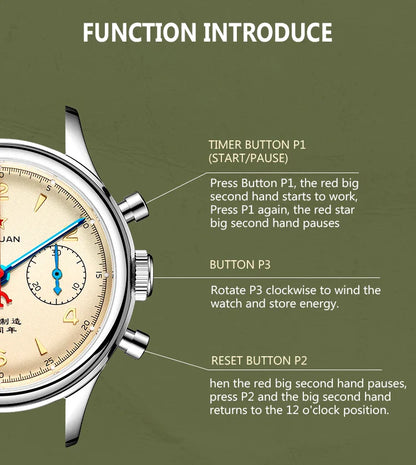 RED STAR 1963 Men's Chronograph Watch - 38mm Pilot Design with Seagull ST1901 Movement & Sapphire Glass