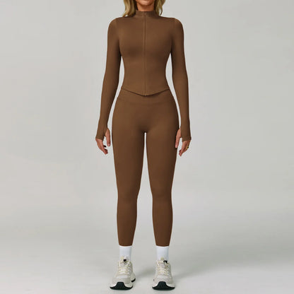 2/3PCS Women’s Seamless Yoga & Gym Set – Push-Up Sports Bra, Long Sleeve Jacket & Workout Leggings