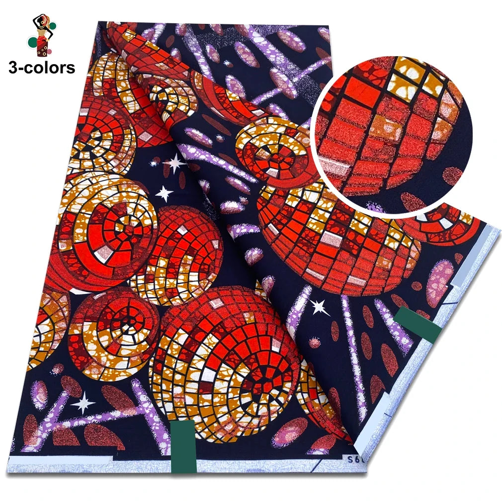 African Glitter Glam Wax Fabric - 100% Cotton Golden Ankara Print 6 Yards