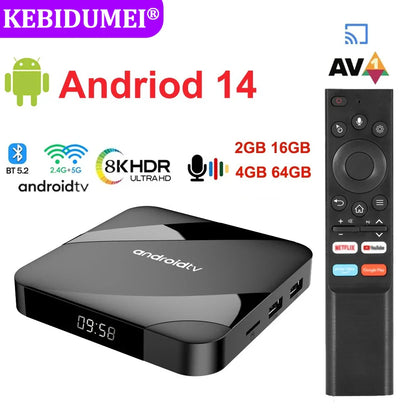 Android 14 TV Box 8K 4K Set Top — Bluetooth 5.2, 4GB RAM, 64GB Storage, S905W2 Quad Core, Dual WiFi, Voice Remote
