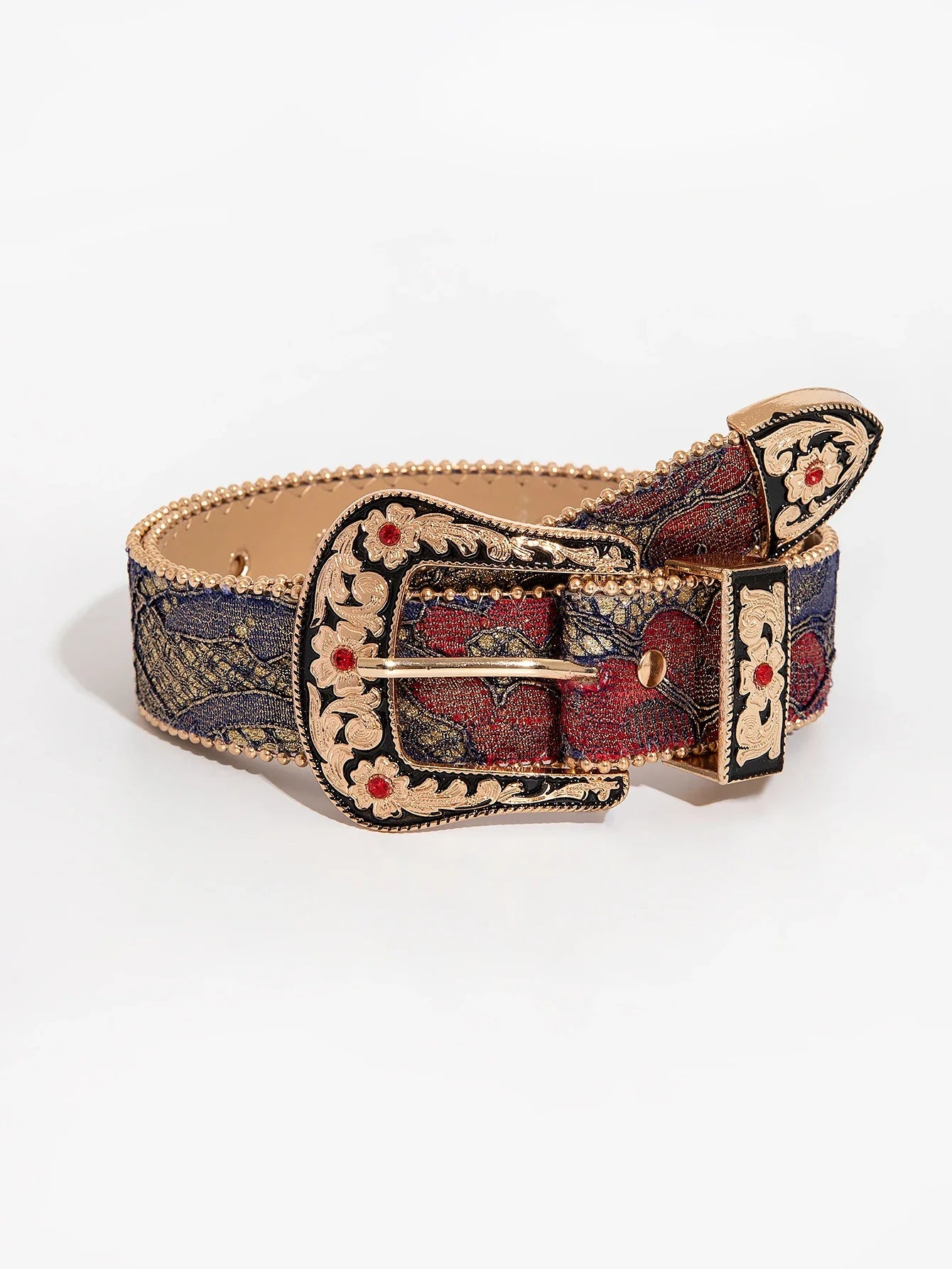 Women’s Gemstone Buckle Belt - Vintage Palace Style Floral Embroidery PU Fashion Accessory