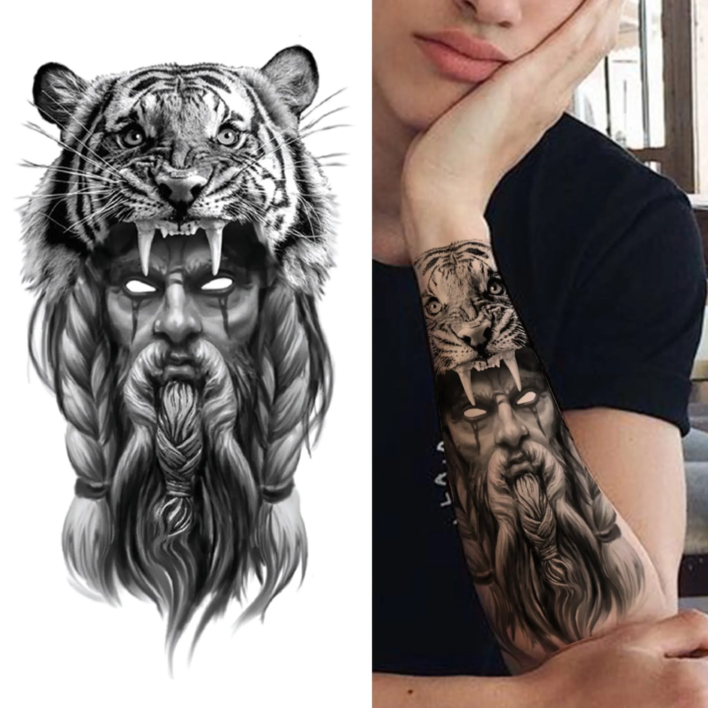 Full Arm Temporary Tattoo Sleeve - Realistic Warrior Lion Tiger Flower & Maori Design Fake Tattoos