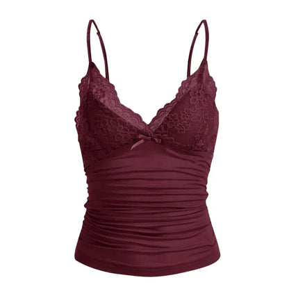 Y2K Lace V-Neck Bow Top - Sexy Slim Fit Spaghetti Strap Vest Crop Top for Women