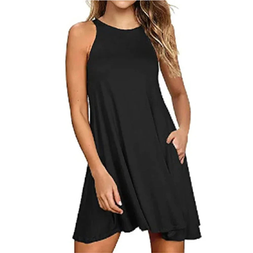 Women's Summer Casual T-Shirt Dress - Sleeveless Pleated Beach Cover-Up with Pockets