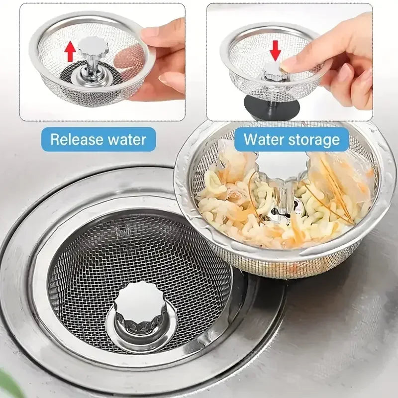 Kitchen Sink Strainer Set - Stainless Steel Mesh Drain Basket with Handle & Stopper