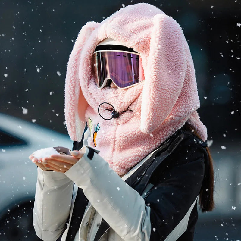 Winter Wool Ski Hat & Helmet Cover – Soft, Warm, Cute Cartoon Bunny Ears for Casual Skiing