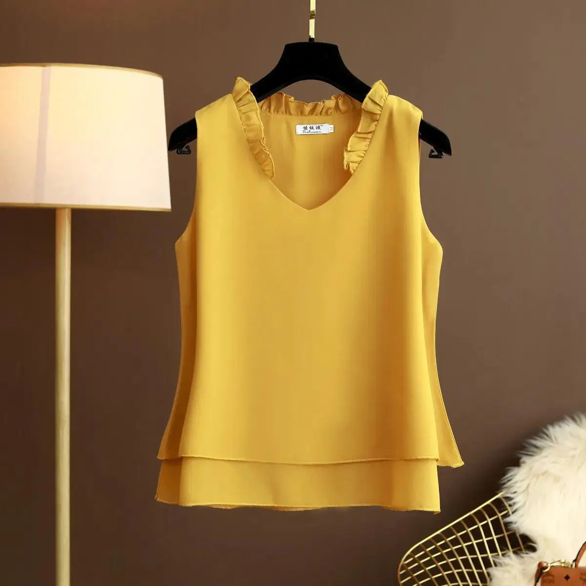 Women's Chiffon V Neck Blouse - Loose Sleeveless Plus Size Fashion Top M-5XL