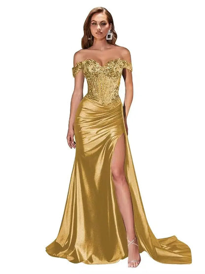 Dark Navy Off-Shoulder Prom Dress – Sweetheart Beaded Lace Evening Gown with High Side Slit, Corset Formal Party Dress 2025