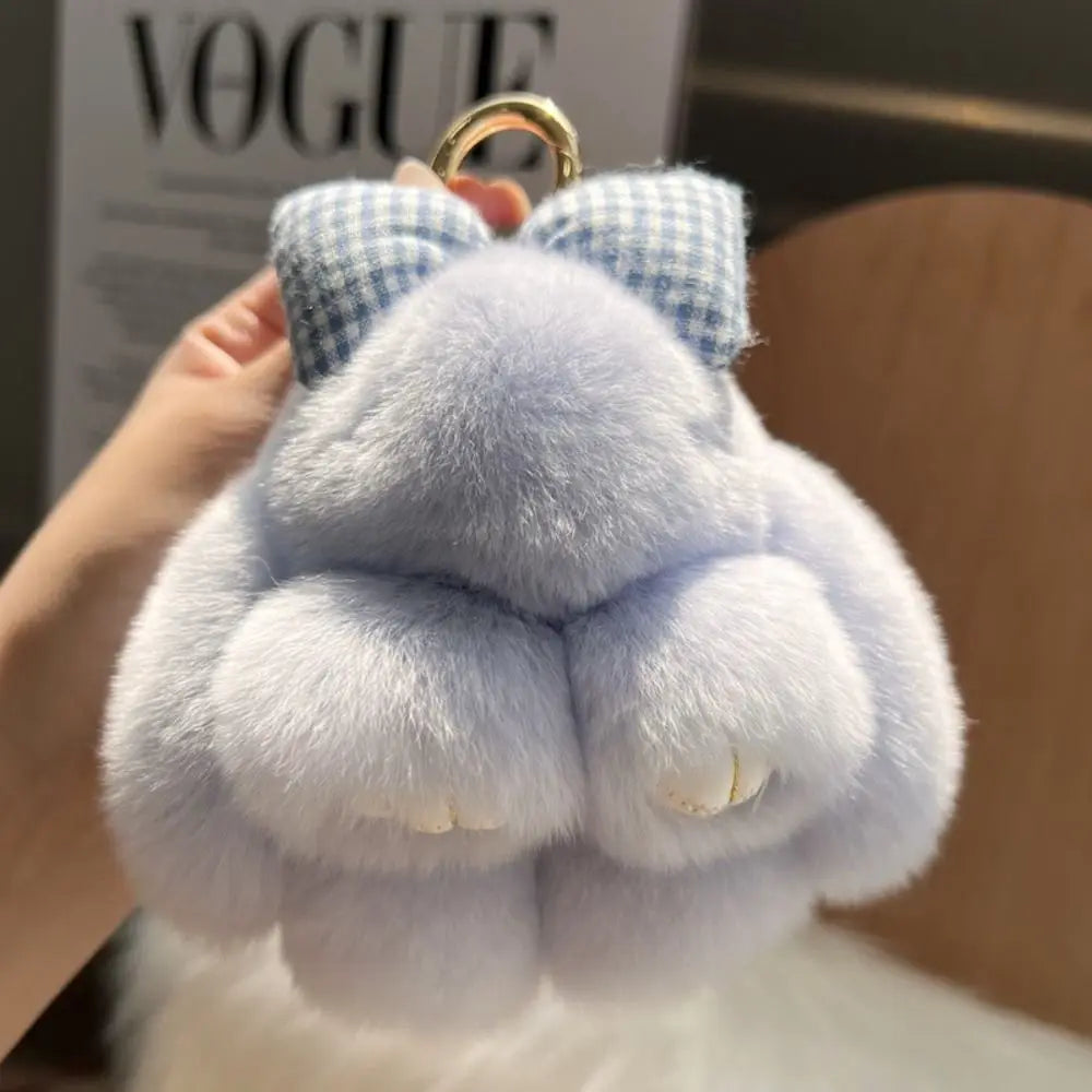 Cute Fluffy Bunny Fur Keychain – Plush Pom Pom Bag Charm and Car Key Ring with Hair Bow