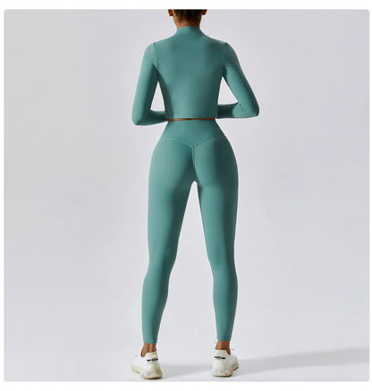 3PCS Women’s Yoga & Workout Set – Long Sleeve Zipper Top with High Waist Leggings Fitness Sportswear