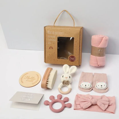 Newborn Baby Bath Gift Set - Cotton Blanket, Saliva Towel, Rattle Toy & Soft Brush Kit