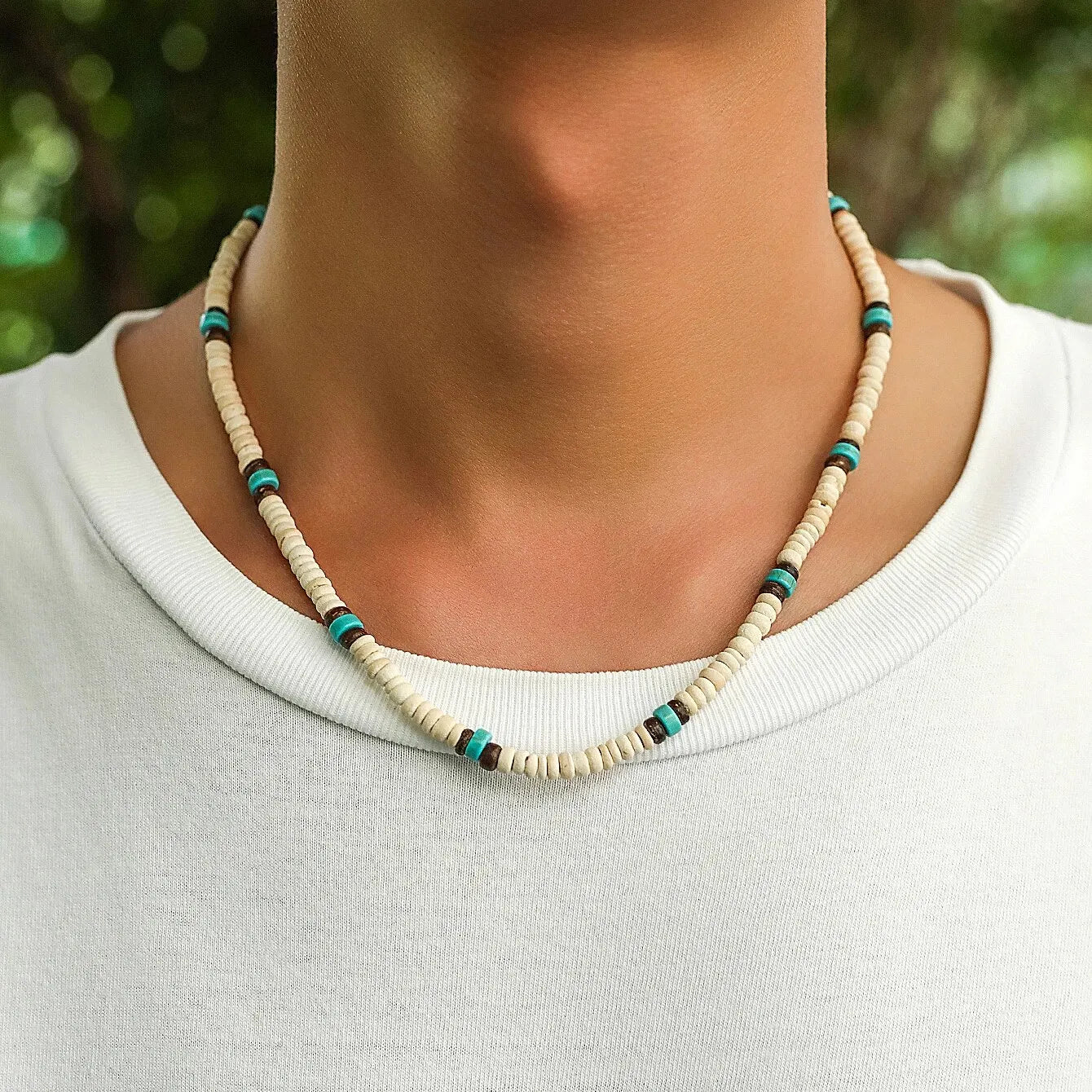 Men’s Summer Beach Wooden Bead Necklace – Handmade Tribal Surfer Jewelry with Geometric Steampunk Design