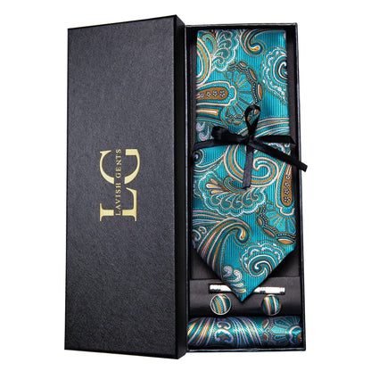 Hi-Tie Luxury Paisley Teal Green Tie Set - Men’s Classic Necktie with Handkerchief & Cufflinks Gift Box for Wedding & Formal Wear