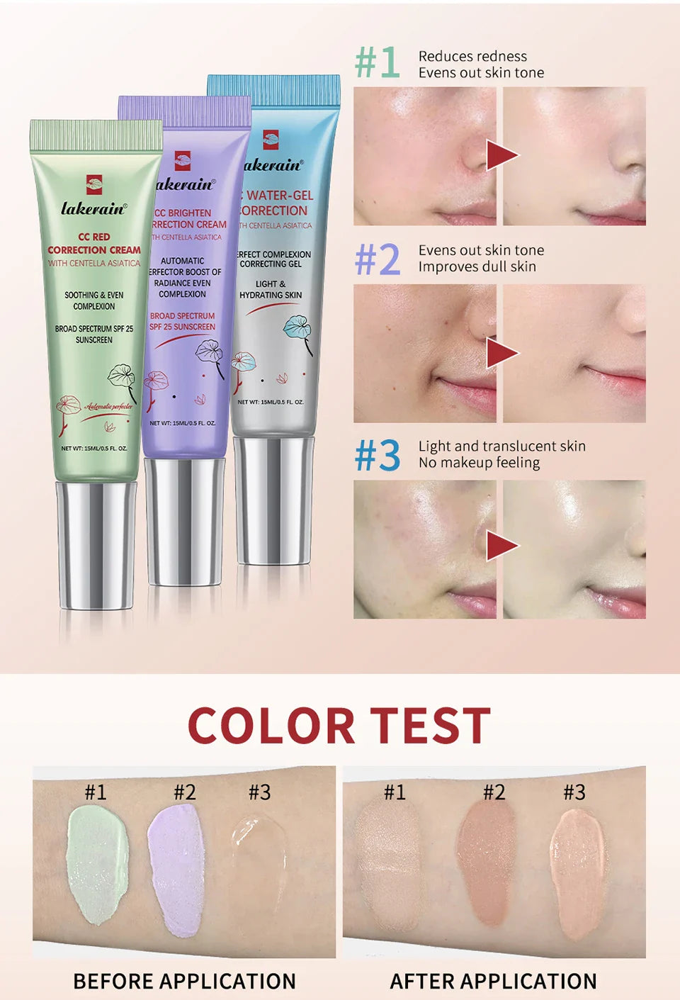 3Pcs/Set CC Cream Centella – Korean Color-Changing Liquid Foundation, Face Base Makeup & Foundation Cream