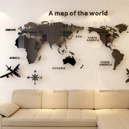 3D Acrylic World Map Wall Stickers – Three-Dimensional Mirror Decals for Bedroom & Office Decoration