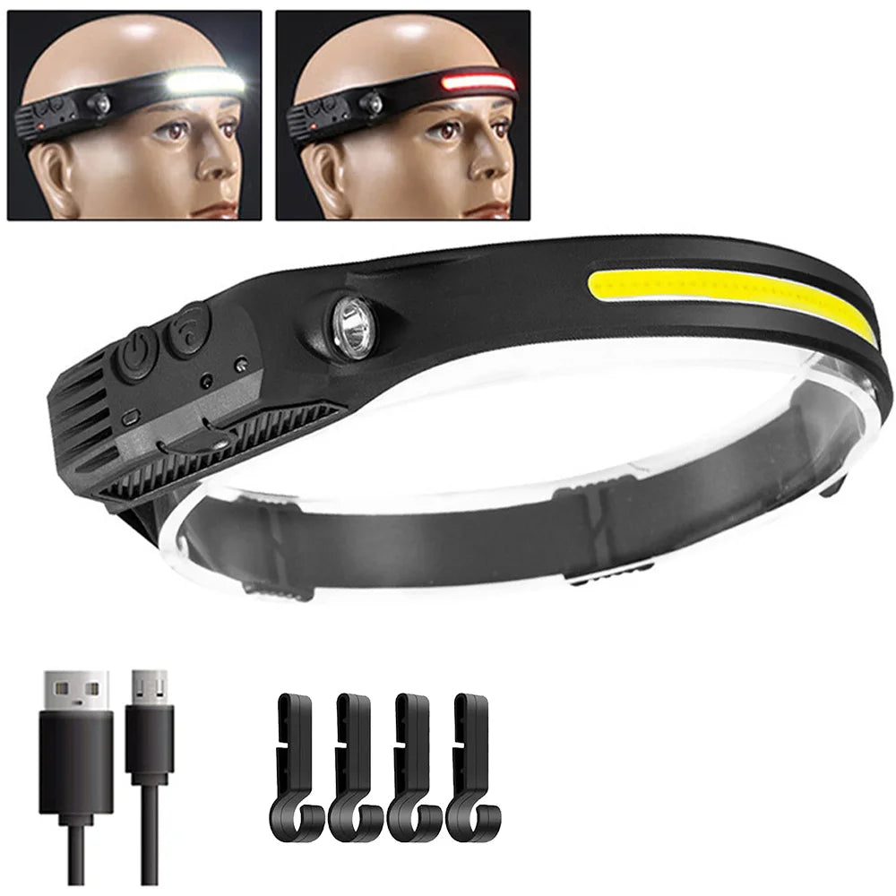 USB Rechargeable LED Sensor Headlamp - XPE + COB Head Torch Flashlight for Camping, Fishing & Outdoor Search Lighting
