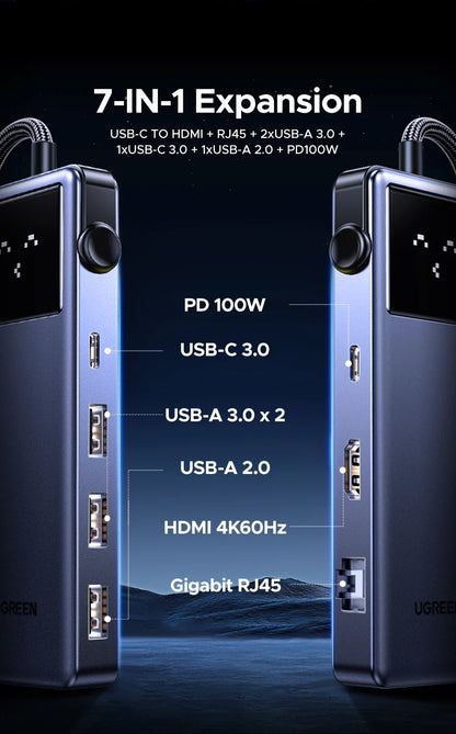 UGREEN 7-in-1 USB-C Hub – 4K HDMI, USB 3.0, RJ45 Gigabit Ethernet Docking Station for MacBook & Laptops