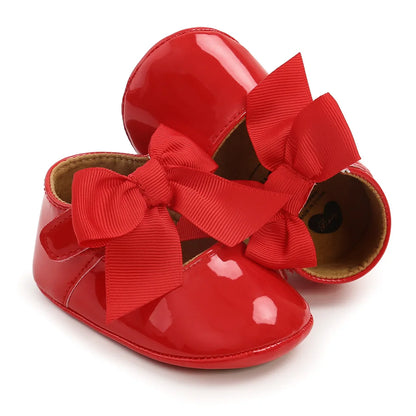 Meckior Baby Girl Shoes – Bowknot PU Ballet Slippers with Rubber Anti-Slip Sole, First Walker Toddler Crib Dress Shoes