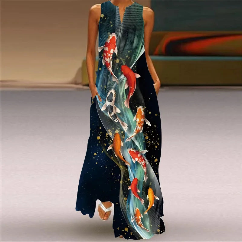 Vintage Boho Maxi Dress - Women's Summer V Neck Sleeveless Long Sundress with Pockets