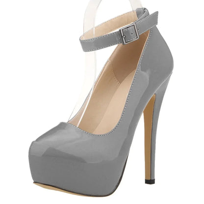Women’s Patent Leather Stiletto Pumps – 14cm High Heels with Buckle Ankle Strap, Sexy Wedding & Fashion Shoes, Size 44