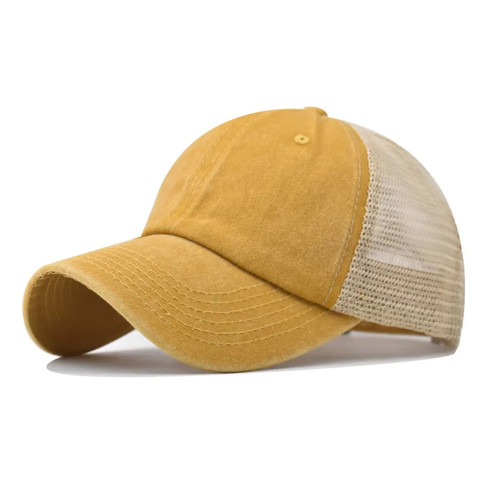 Vintage Washed Cotton Cap - Denim Mesh Baseball Hat with UV Protection for Women