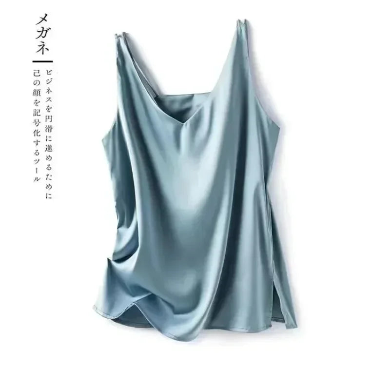 Women's V Neck Satin Silk Top - Sleeveless Acetic Acid Blouse for Elegant Summer Fashion