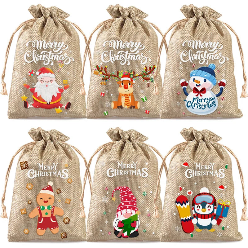 2025 Christmas Burlap Drawstring Gift Bag - Santa Candy Pouch for Holiday Present Packaging, Halloween & New Year Decor