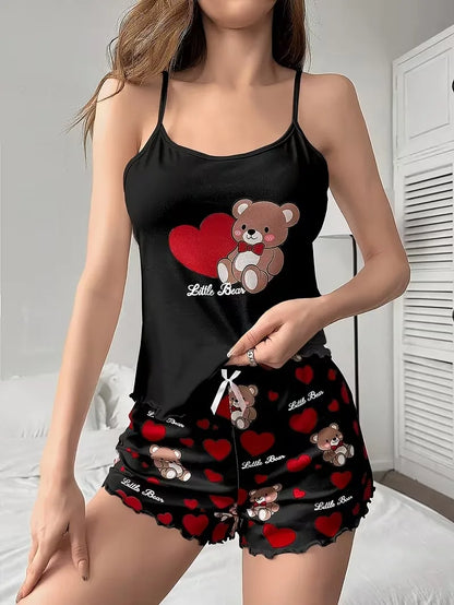 Cute Love Bear Pajama Set - Women's Heart Print Loungewear Top & Shorts Sleepwear