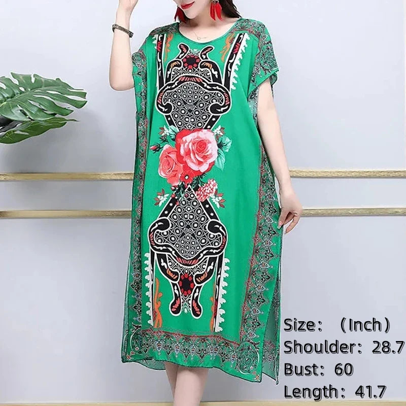 Women’s Bohemian Floral Tunic Dress - Retro Ethnic Print Batwing Sleeve Loose Summer Maternity Streetwear