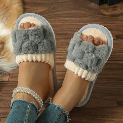 Autumn Winter Plush Bow Slippers – Cute Warm Fluffy Indoor Slides for Women & Men