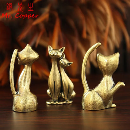 Brass Cat Figurines - 7 Style Modern Retro Animal Mini Statues for Desktop, Home Decor & Craft Accessories