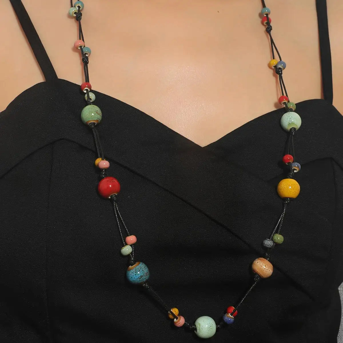 Women’s Beaded Ceramic Necklace - Exaggerated Long Statement Jewelry Chain for Fashion Style