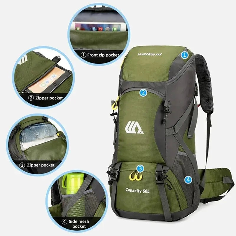 50L Large Travel Backpack: Waterproof Camping Bag for Men - Ideal for Hiking, Climbing & Outdoor Sports