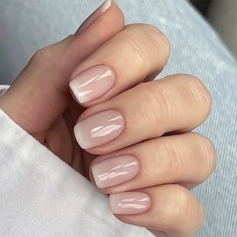 24Pcs Square Press On Nails - Nude White Gradient French False Nail Tips with Full Cover Short Design
