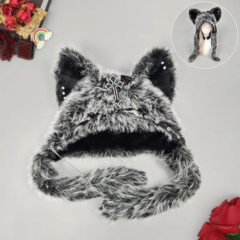 Dark Series Gothic Cat Ear Plush Hat — Y2K Cross Metal Style Cosplay Punk Rock Warm Cap for Men, Women & Kids