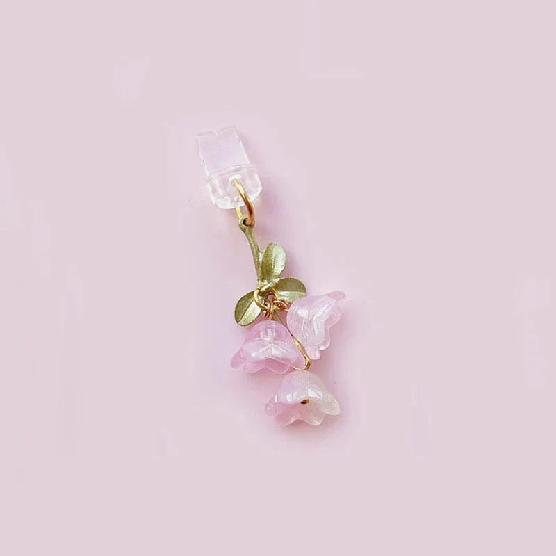 Pink Lily Flower Phone Charm - Cute Green Leaf Dust Plug Accessory for iPhone & Type-C Charging Ports