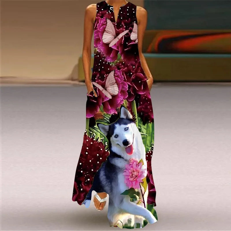 Vintage Boho Maxi Dress - Women's Summer V Neck Sleeveless Long Sundress with Pockets