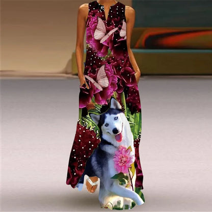 Vintage Boho Maxi Dress - Women's Summer V Neck Sleeveless Long Sundress with Pockets