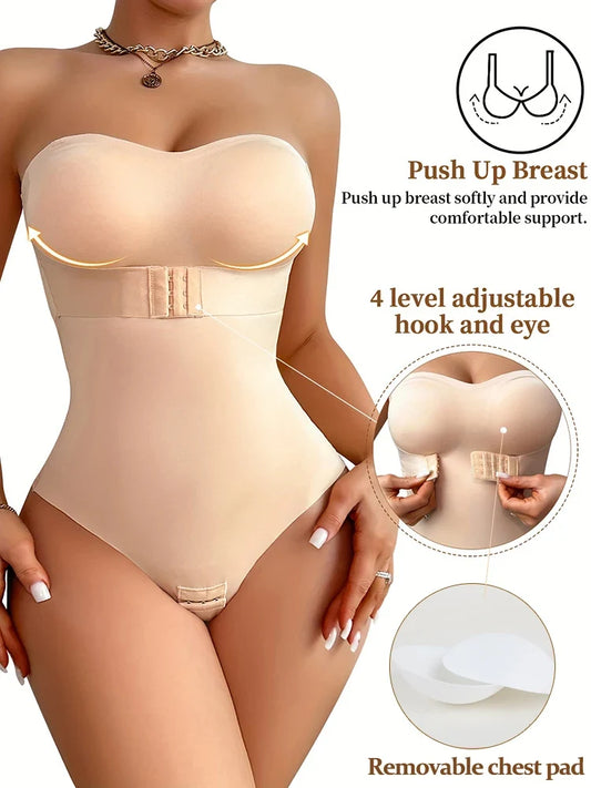 Women’s Strapless Thong Bodysuit - Full-Body Tummy Control Shaper with Removable Push-Up Bust, Up to 4XL
