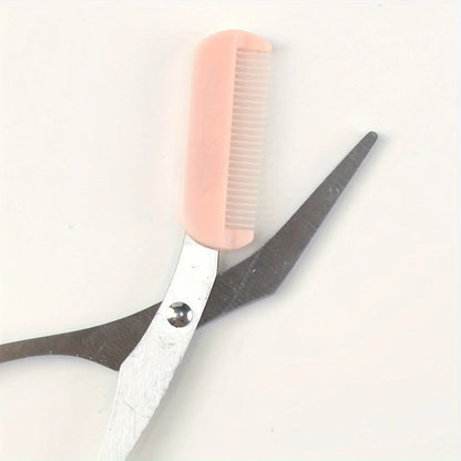 Pink Eyebrow Trimming Scissors - Stainless Steel Brow Grooming Tool with Built-In Comb