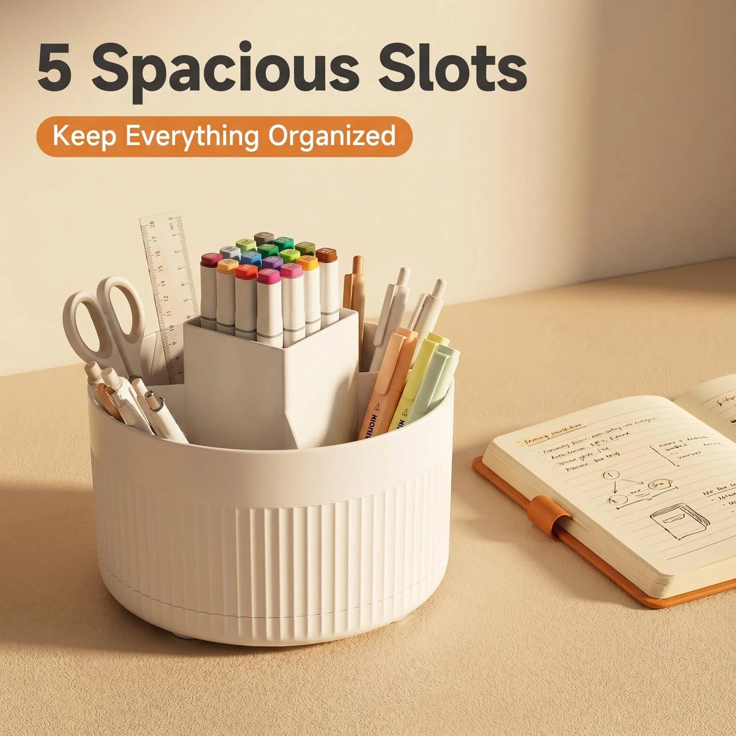 360° Rotating Pen Organizer - 5 Slot Plastic Desk Holder for Office, School & Art Supplies