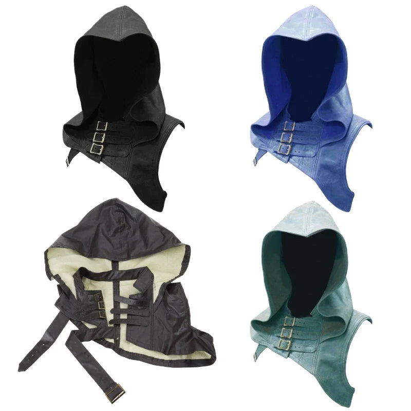 Adjustable Medieval Gothic Cowl Hat — Faux Leather Steampunk Hooded Cloak Cape for Men & Women Cosplay Accessory