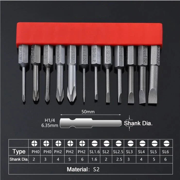 12Pcs 1/4 Inch Magnetic Screwdriver Bits - 50mm 75mm 100mm Long Power Tool Bit Set