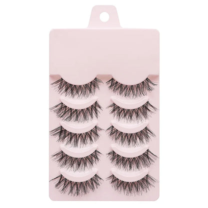 Manga Lashes 5 Pairs – Anime Cosplay Faux Mink Short Full Strip Lashes, Korean Natural Look, Clear Band Soft Eyelash Extensions